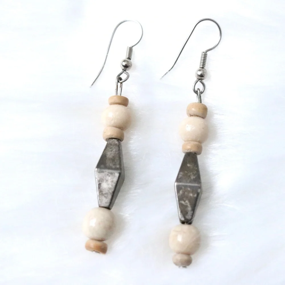 Natural Wood Clay Metal Beaded Hook Earring